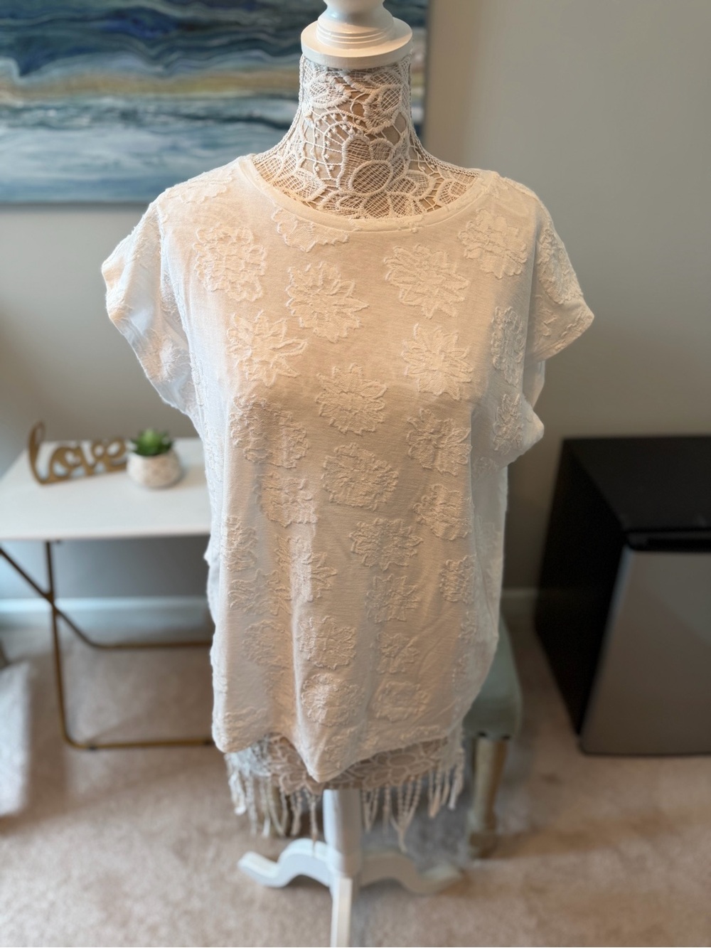 Loft Women's White Embroidered Short-Sleeve Top